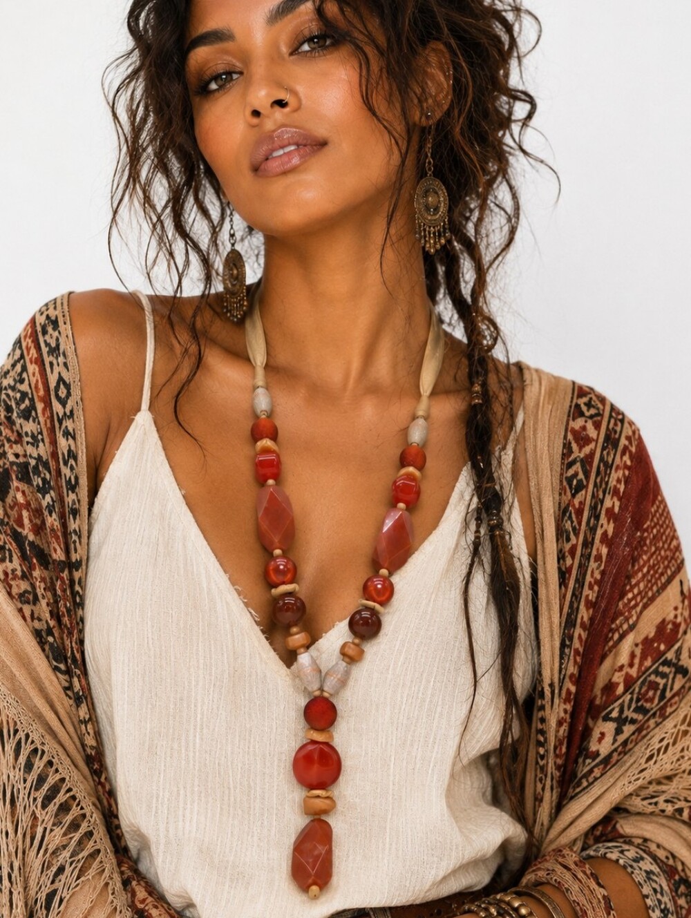 Chico’s Red Orange Beaded Zain Y Statement Necklace Boho